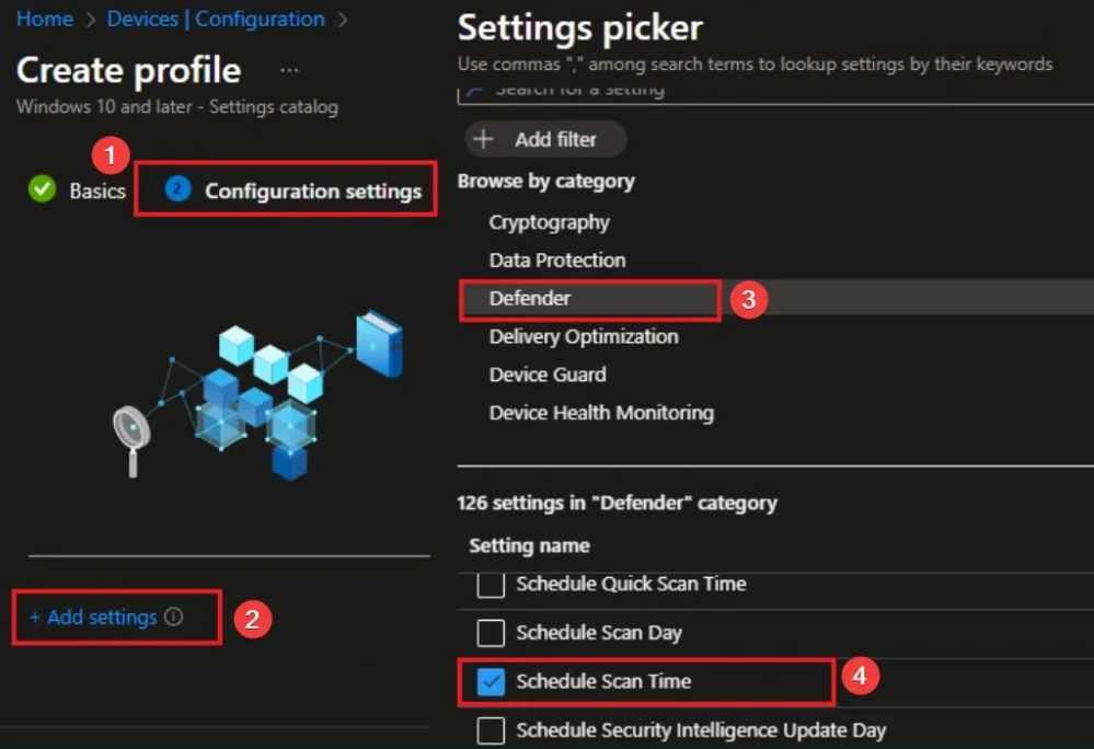 Settings picker: Defender category, Schedule Scan Time setting